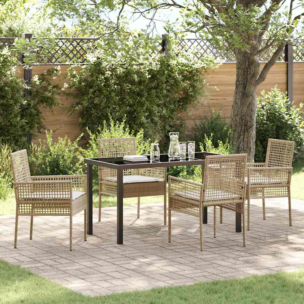5 Deles Have Spisebordssæt med Puder Beige Poly Rattan