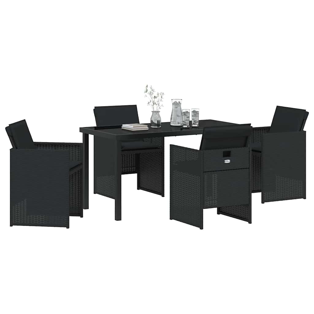 vidaXL 5-delige tuintafelset met kussens in zwart poly rattan