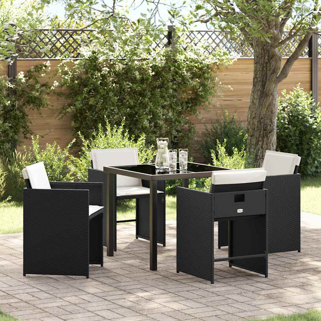 5-teiliges Garten-Dining-Set mit Kissen Schwarz Poly-Rattan
