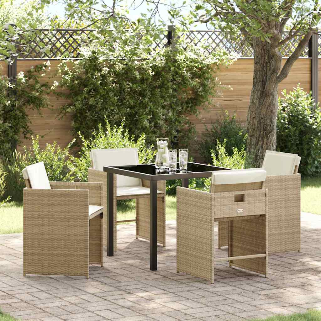 5 Delers Have Spisesæt med Puder Beige Poly Rattan