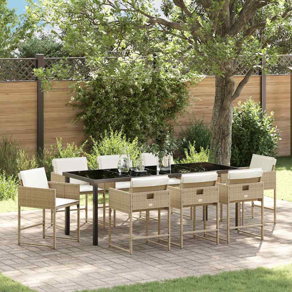 9 Deles Have Spisebord Sæt med Puder Beige Poly Rattan