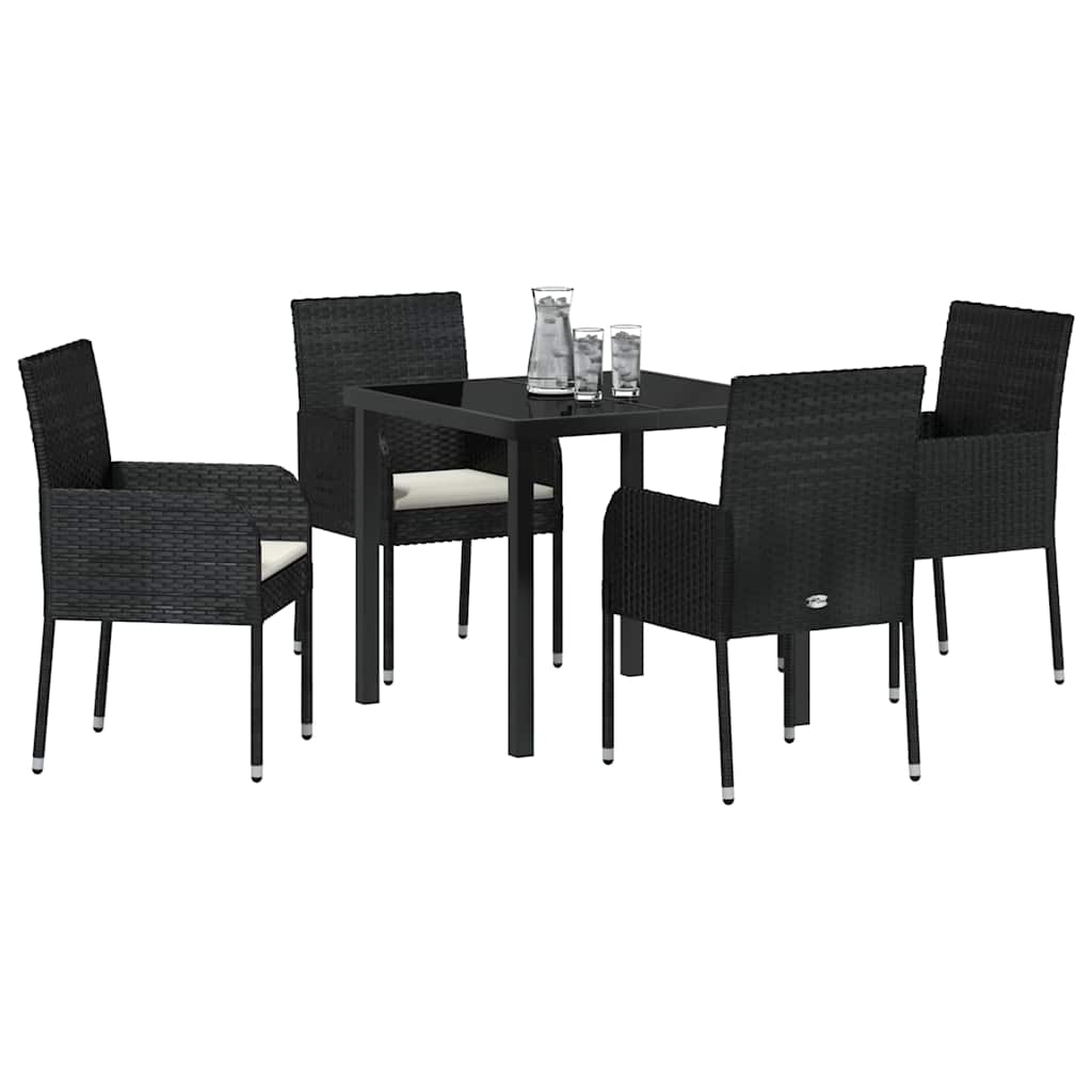vidaXL 5-delige Tuin Eettafelset met Kussens in Zwart Poly Rattan