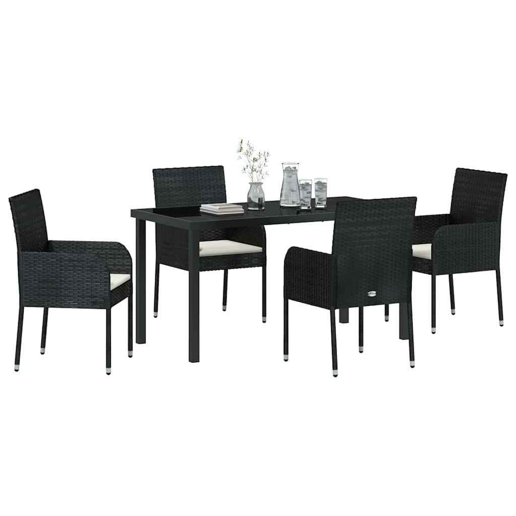 vidaXL 5-delige Tuin Eettafelset met Kussens - Zwart Poly Rattan