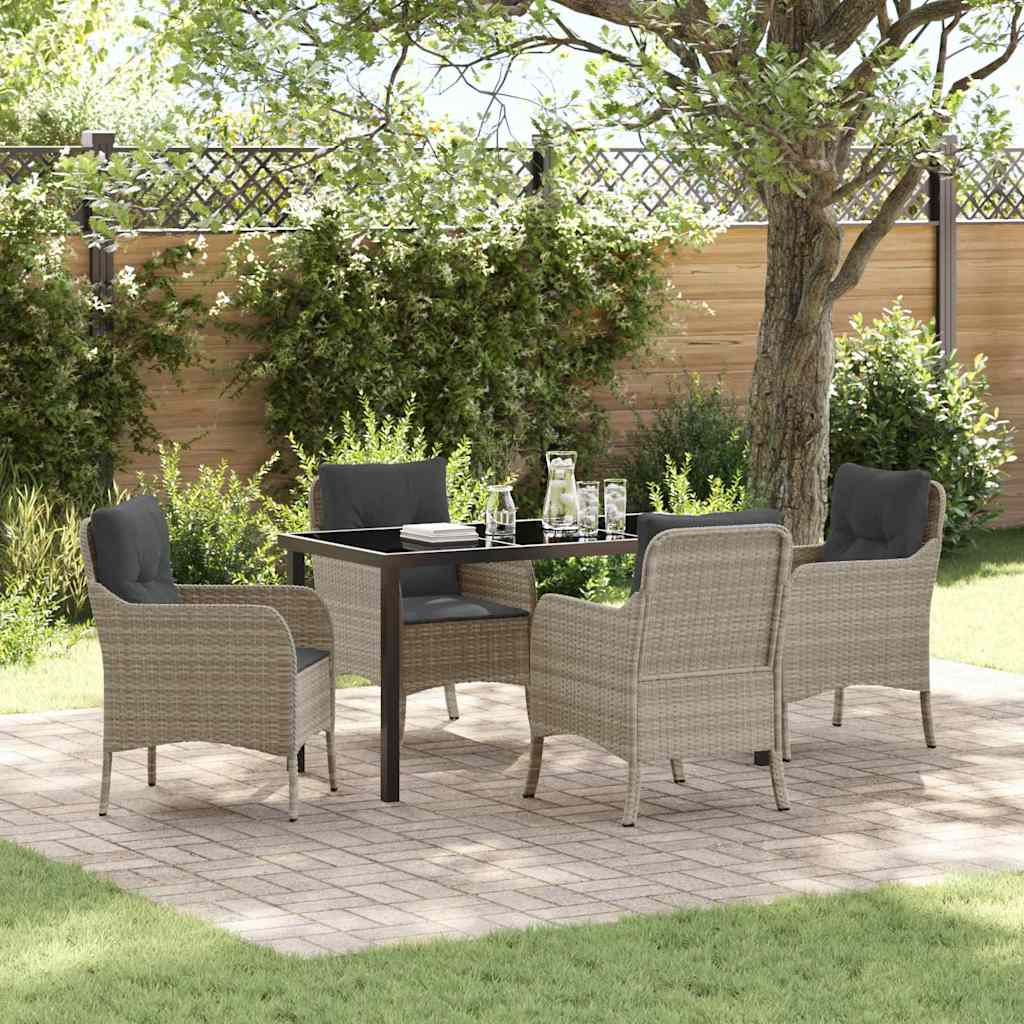 5 Piece Have Spisestel med Hynder Lysegrå Poly Rattan