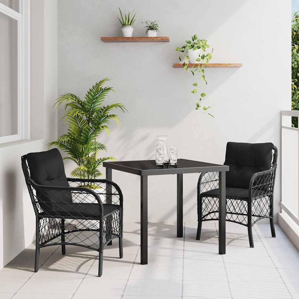 3 Styk Have Spisestol Sæt med Puder Sort Poly Rattan