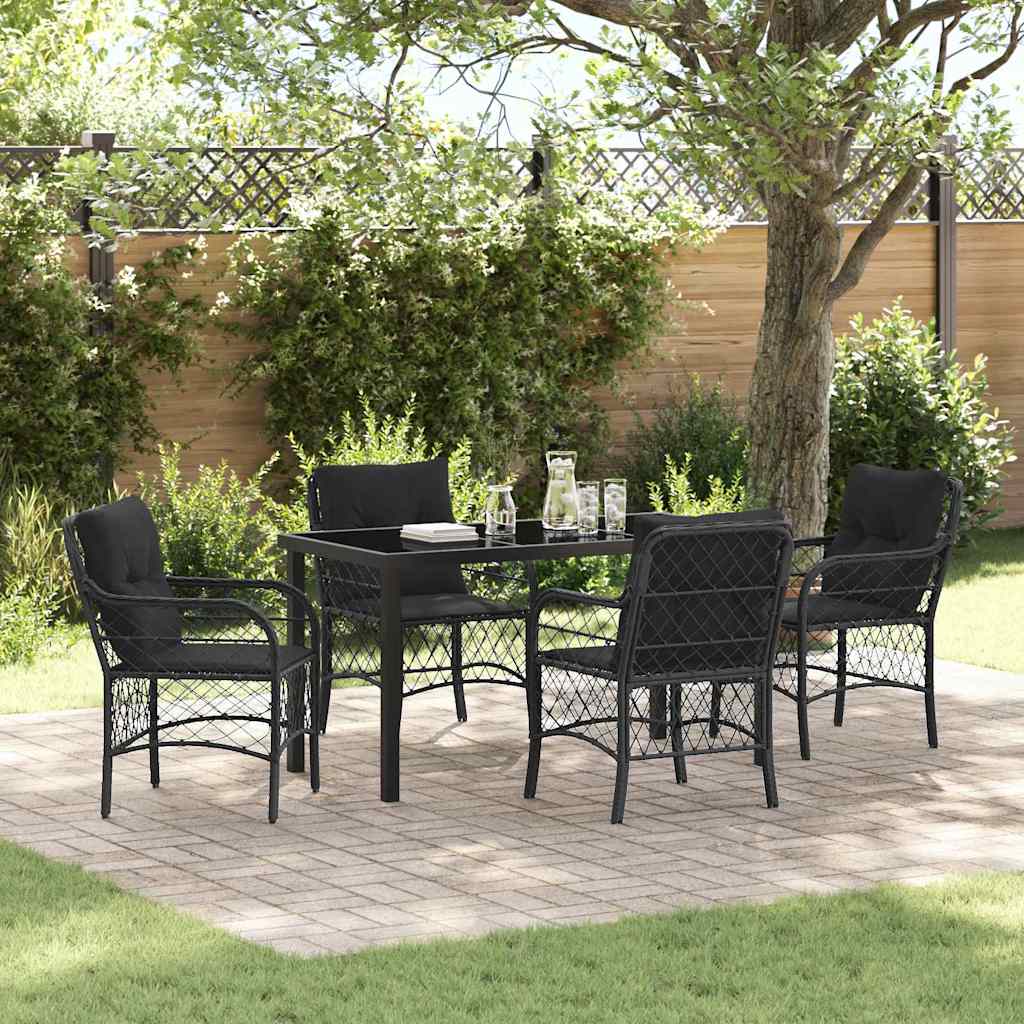 5 Styk Have Dining Sæt med Puder Sort Poly Rattan