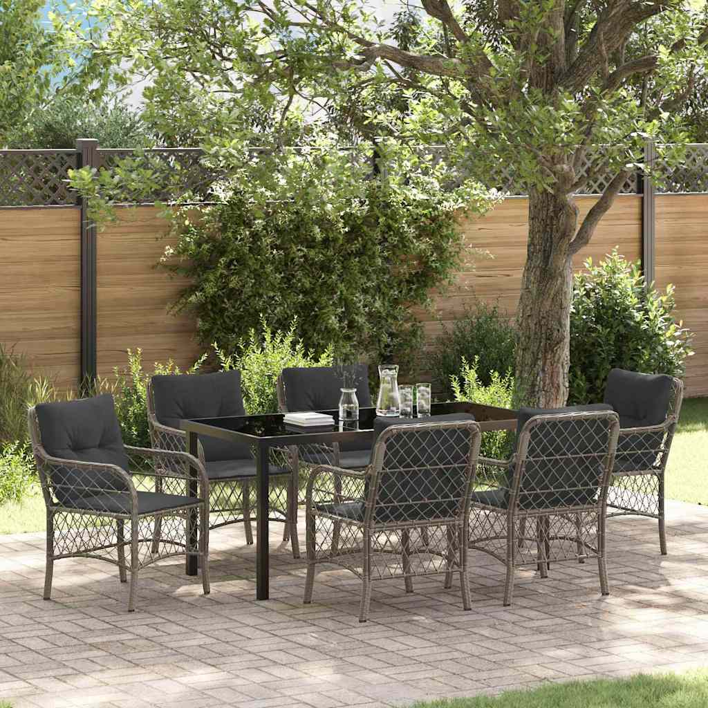 7-teiliges Garten-Ess-Set mit Kissen Grau Poly-Rattan