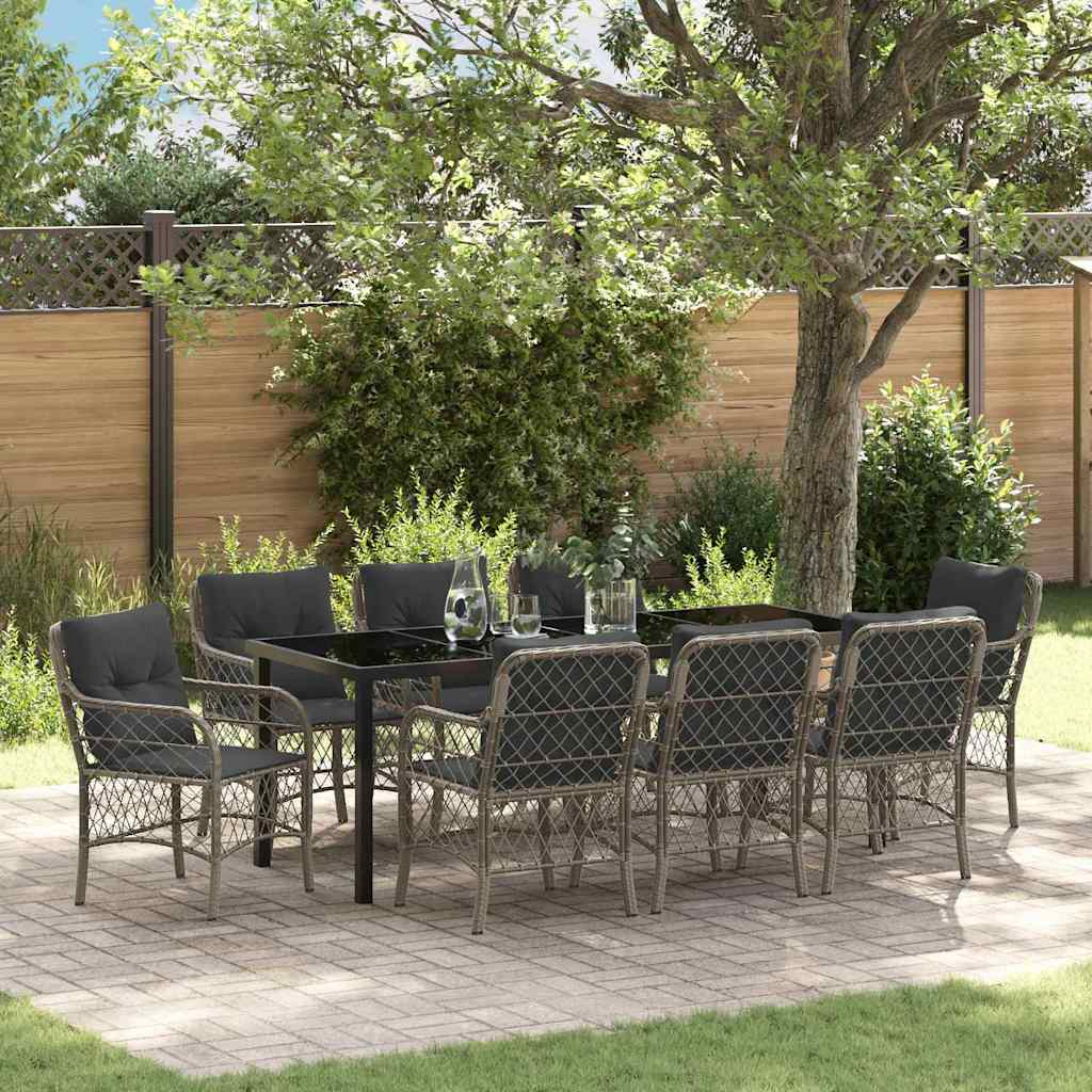 9-teiliges Garten-Essset mit Kissen Grau Poly-Rattan