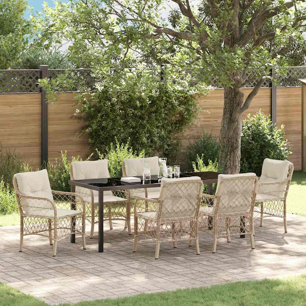 7 Delt Have Spisestel med Puder Beige Poly Rattan