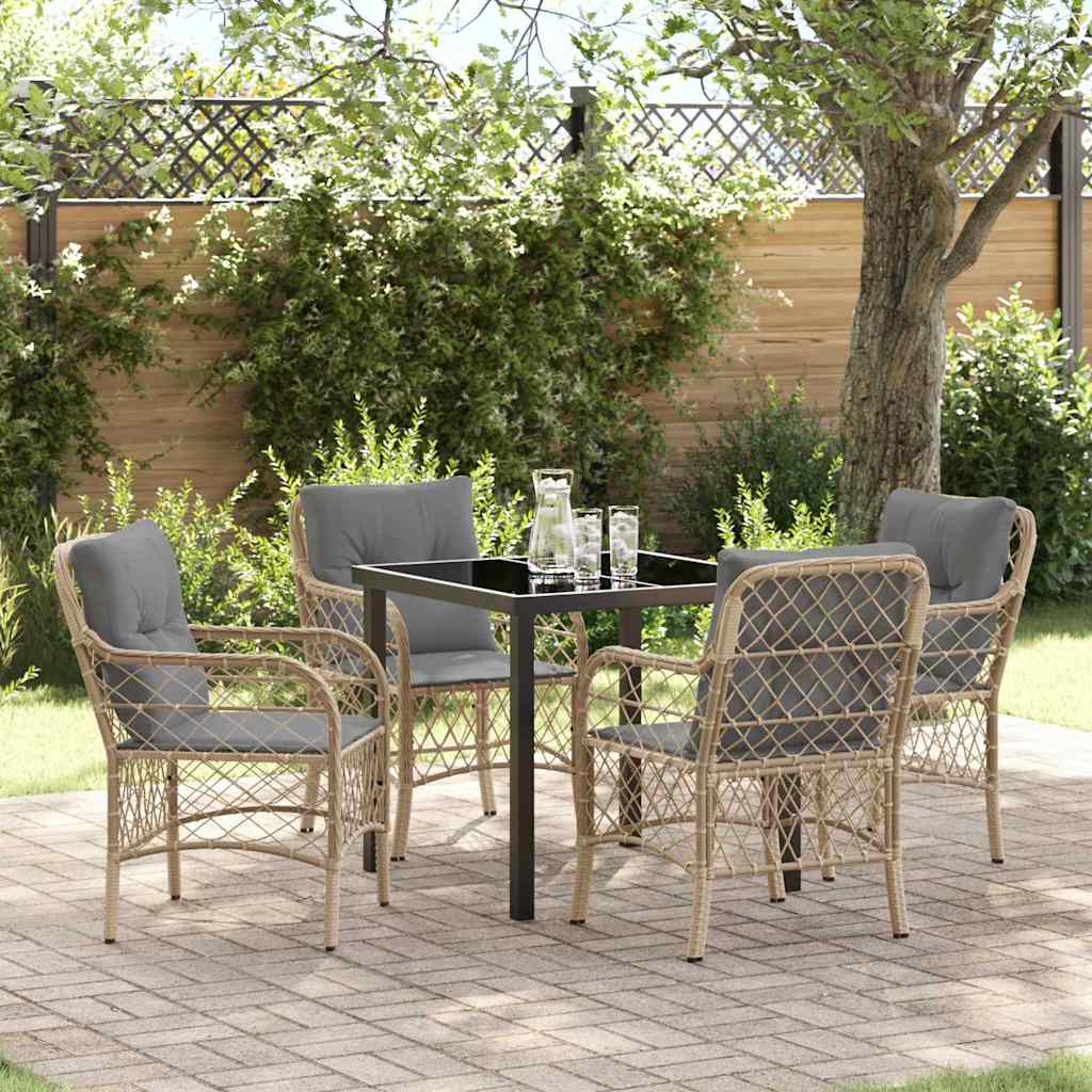 5 Personers Havemiddagsæt med Puder Beige Poly Rattan