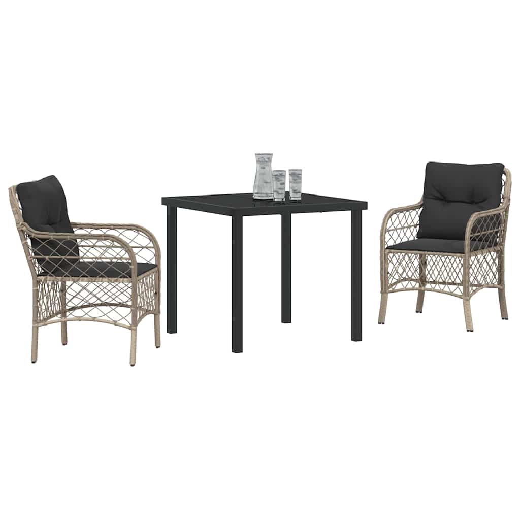 vidaXL 3-delige tuinset met kussens, lichtgrijs poly rattan