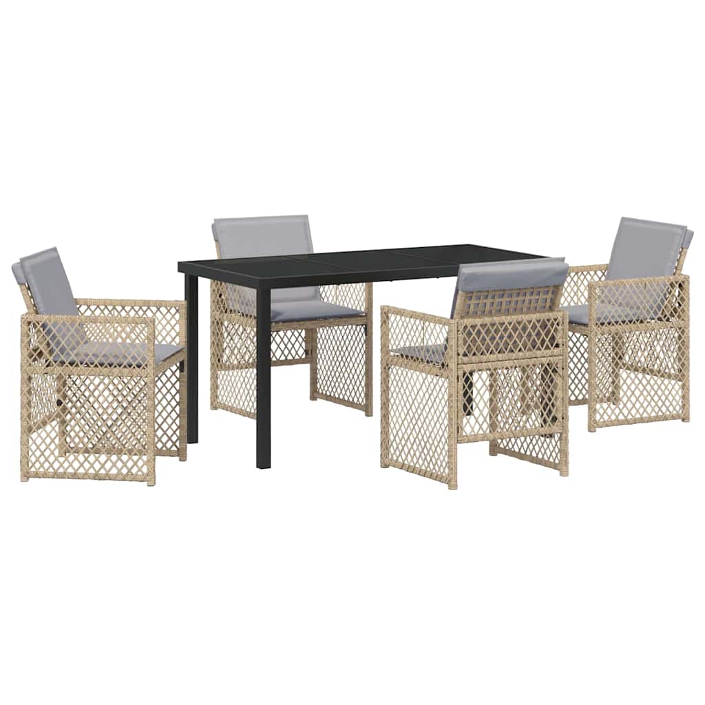 5 osan puutarhan ruokailusetti pehmusteilla Beige polyrottinki, vidaXL puutarhapöytä Musta 140x80x73 cm Karkaistu lasi