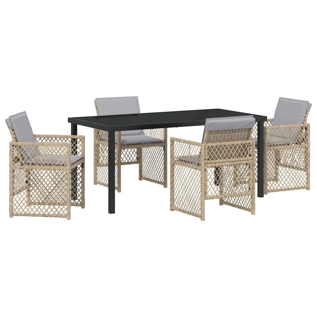 5 Kappaleen Puutarhajoitussetti Pehmusteilla Beige Poly Rottinki, vidaXL Puutarhapöytä Musta 160x80x73 cm Karkaistu Lasi