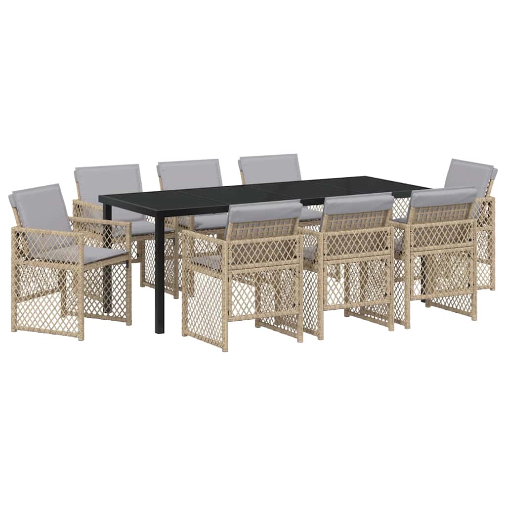 9-osainen puutarhan ruokailusarja pehmusteilla beige polyrottinkia, vidaXL puutarhapöytä musta 200x80x73 cm karkaistua lasia