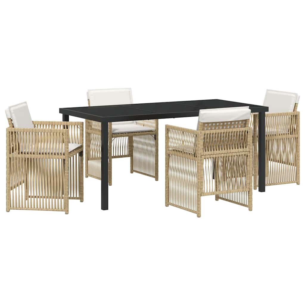 5-osainen puutarharuokailusarja pehmusteilla, beige polyrottinki