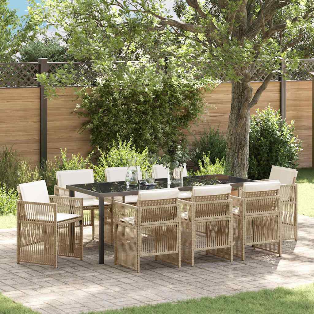 9 Delt Have Spisebord med Puder Beige Poly Rattan, vidaXL Have Bord Sort 200x80x73 cm Tempereret Glas