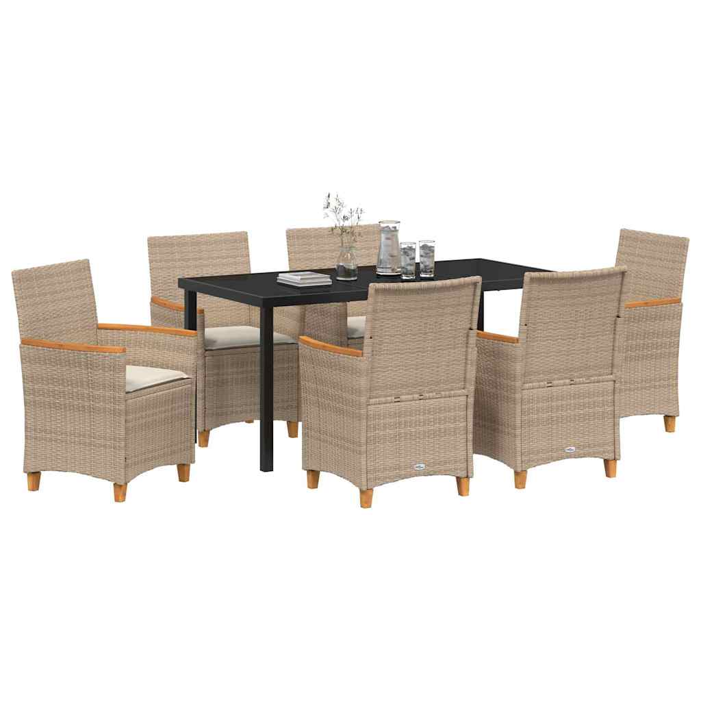 vidaXL 7-delige Tuin Eetset met Kussens Beige Poly Riet