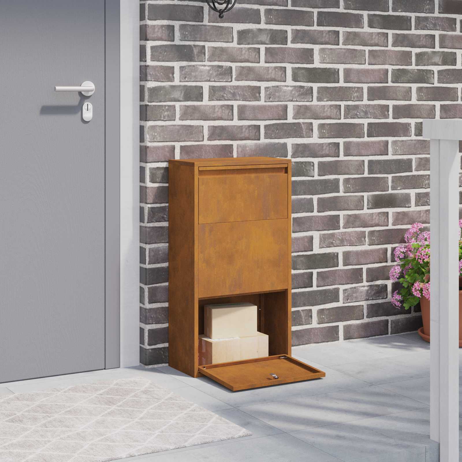 vidaXL Cutie pentru colet cu depozitare cu ușă Ruginit 44 x 22 x 82 cm