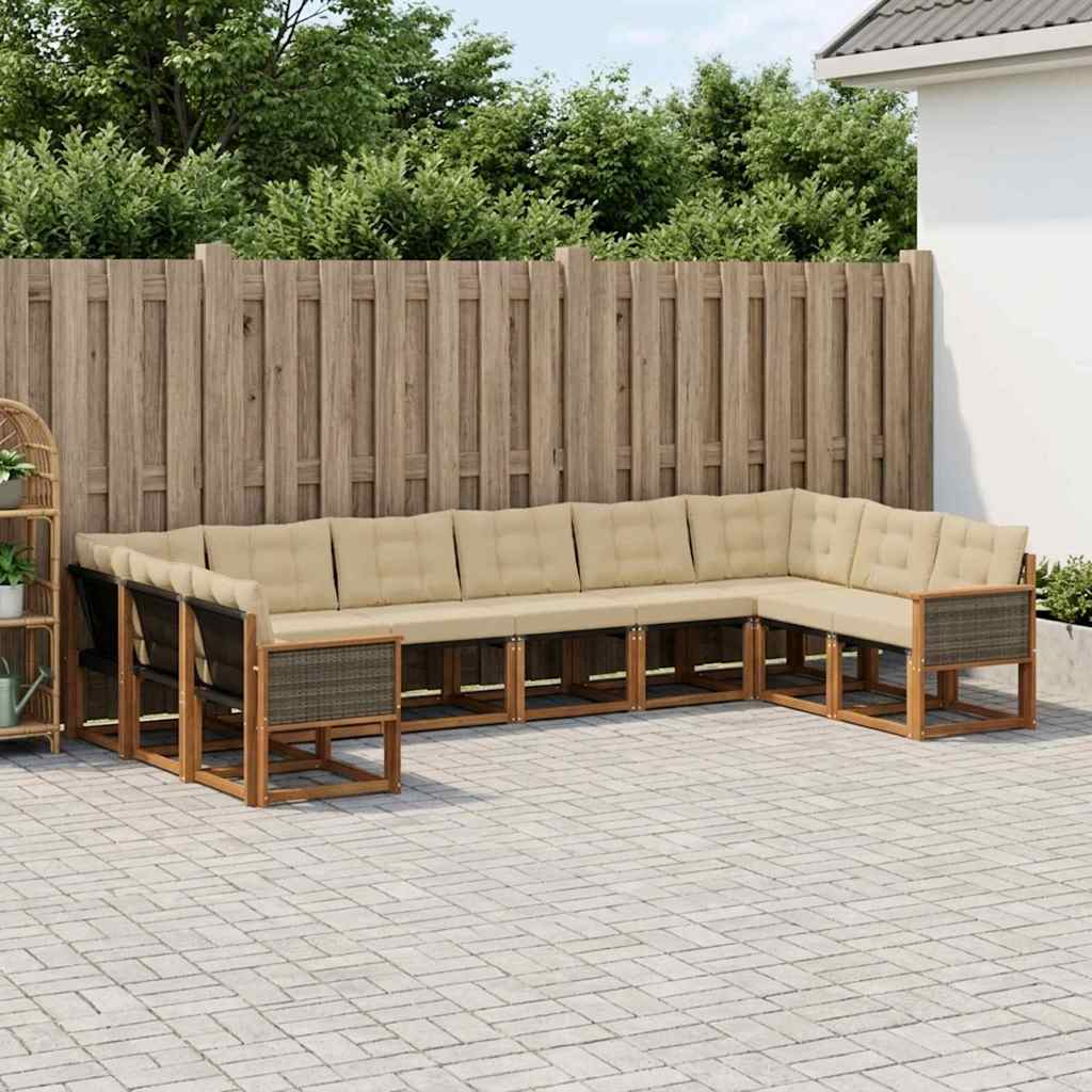 Udendørs sofagruppe i massivt akacietræ med puder - 10 dele, naturlig/beige