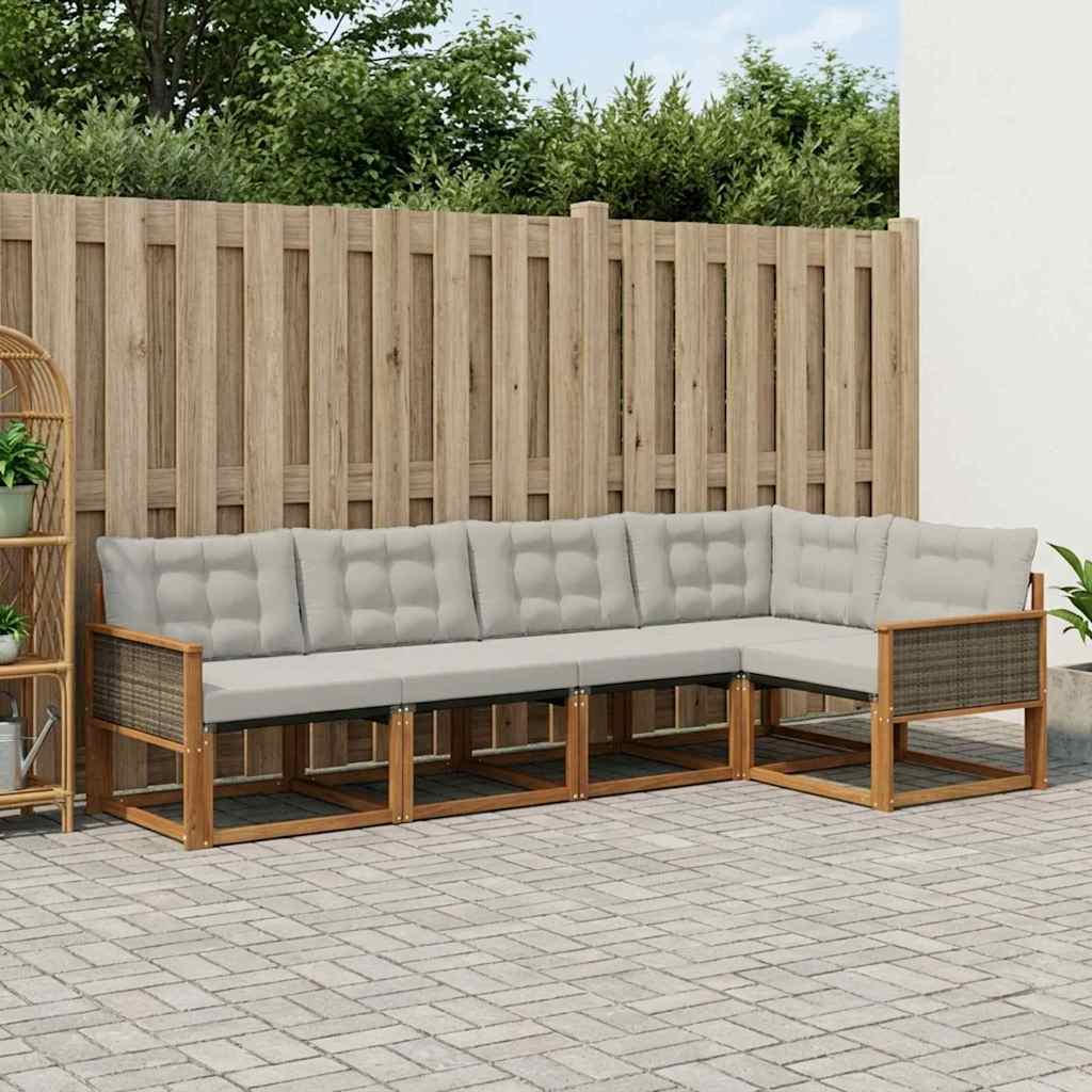 Udendørs sofagruppe i akacietræ med puder - 6 dele, natur/lysegrå