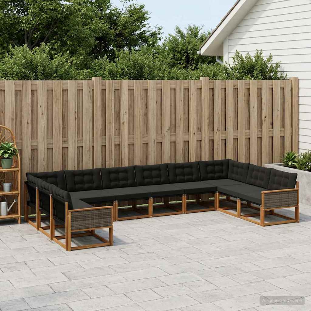vidaXL Set de canapele de exterior cu pernă 11 pcs Natural și Negru