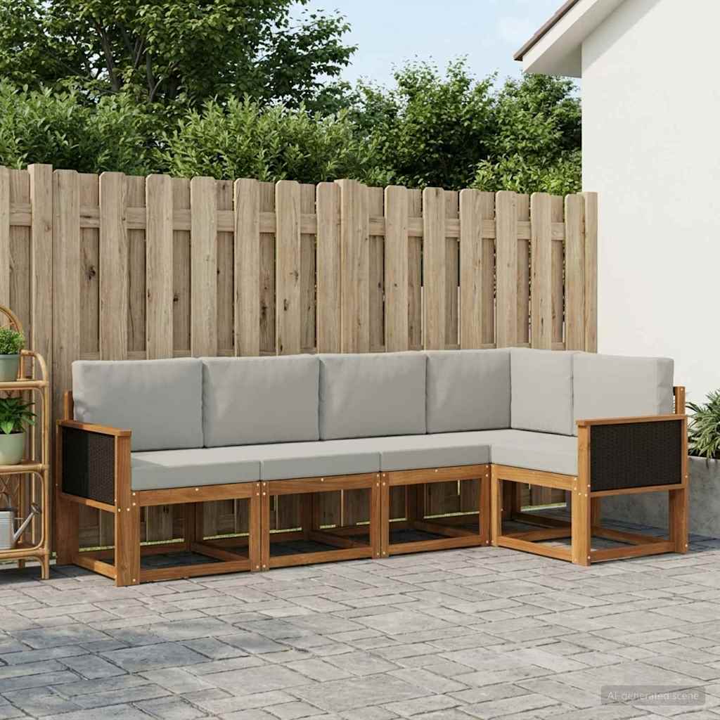 Udendørs sofagruppe i akacietræ - 5-personers modulsofa, natur/lysegrå polyester