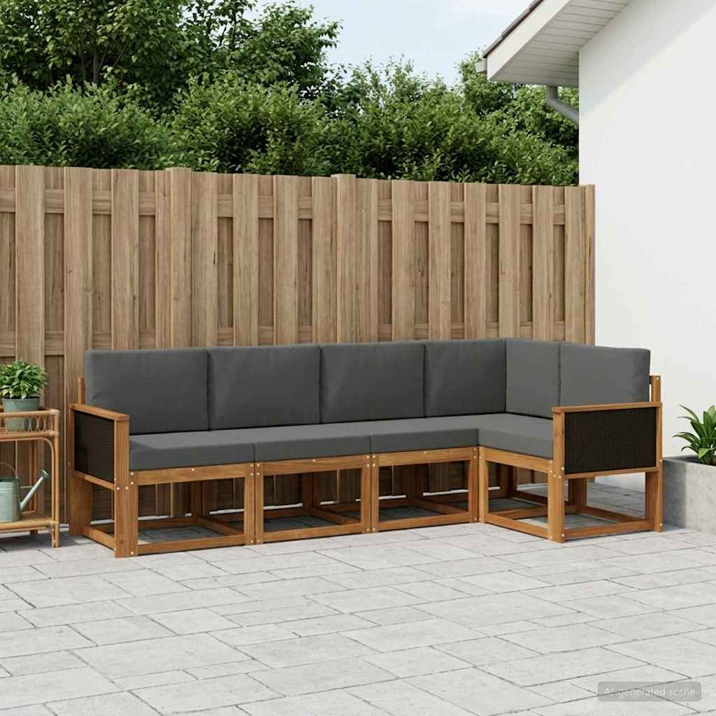 Udendørs sofagruppe i akacietræ - 5-personers modulsofa, naturlig/antracit polyester