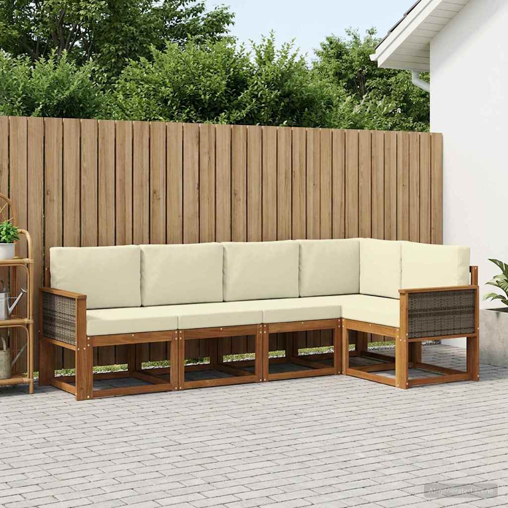 Udendørs sofagruppe i akacietræ - 5-pers. modulsofa, naturlig/fløde