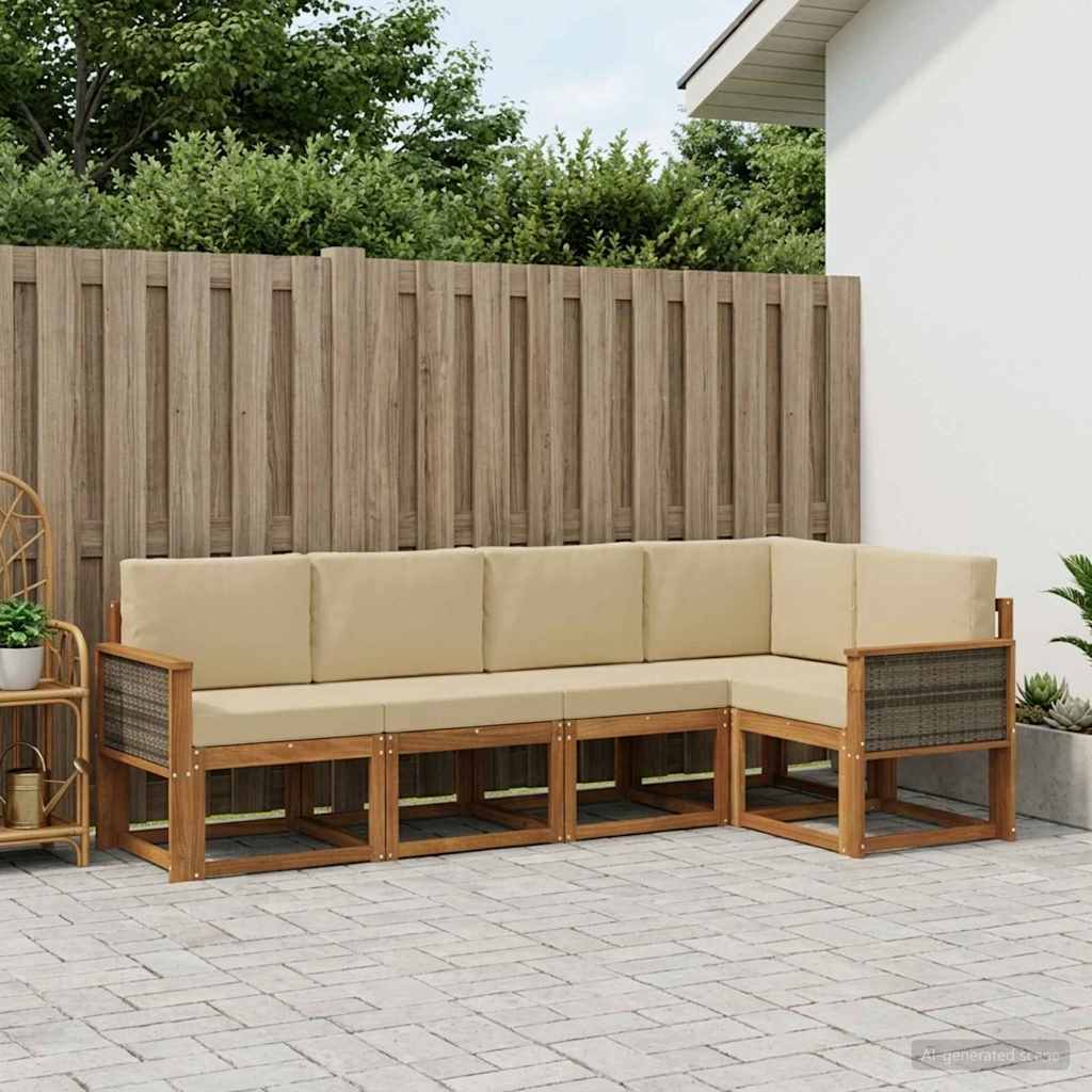 Udendørs sofagruppe i akacietræ - 5-pers. modulsofa, naturlig/beige polyester
