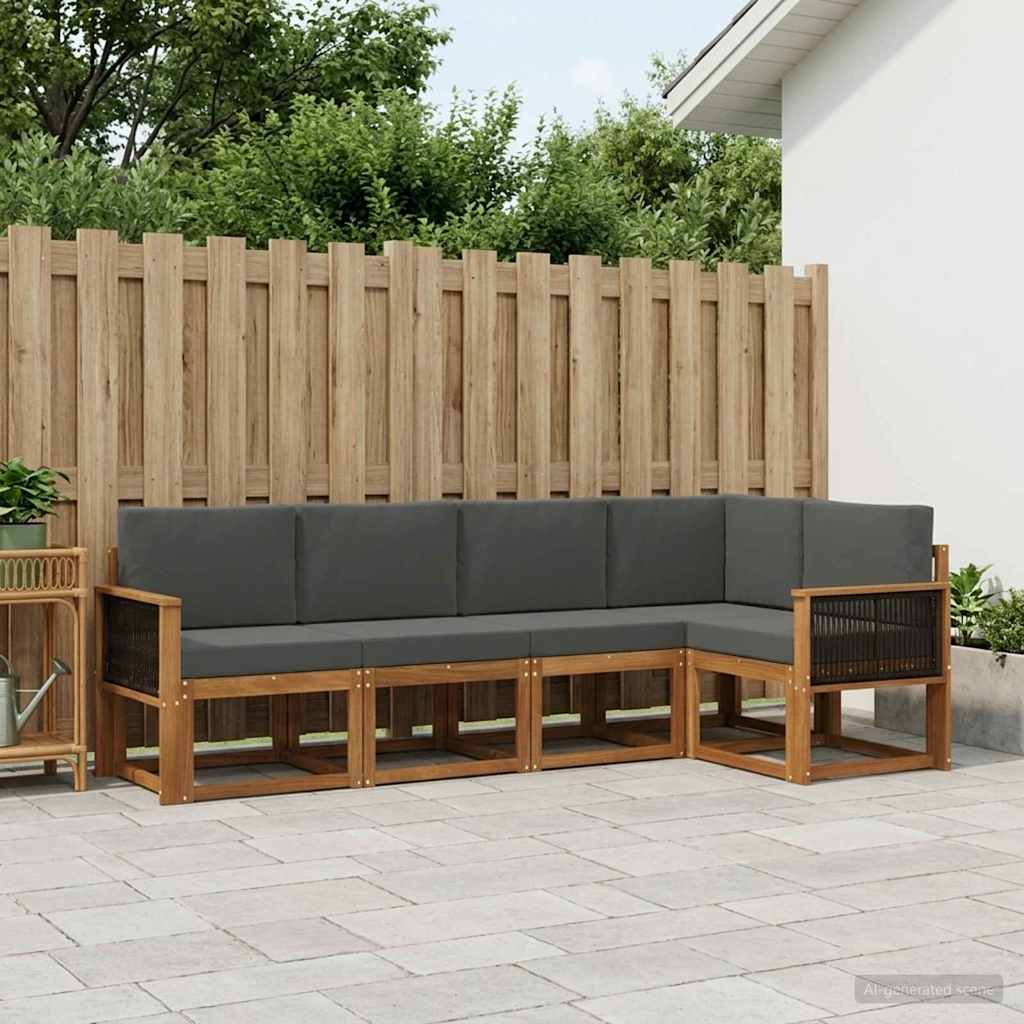 Udendørs sofagruppe i akacietræ - 5-pers. modulsofa, naturlig/antracit