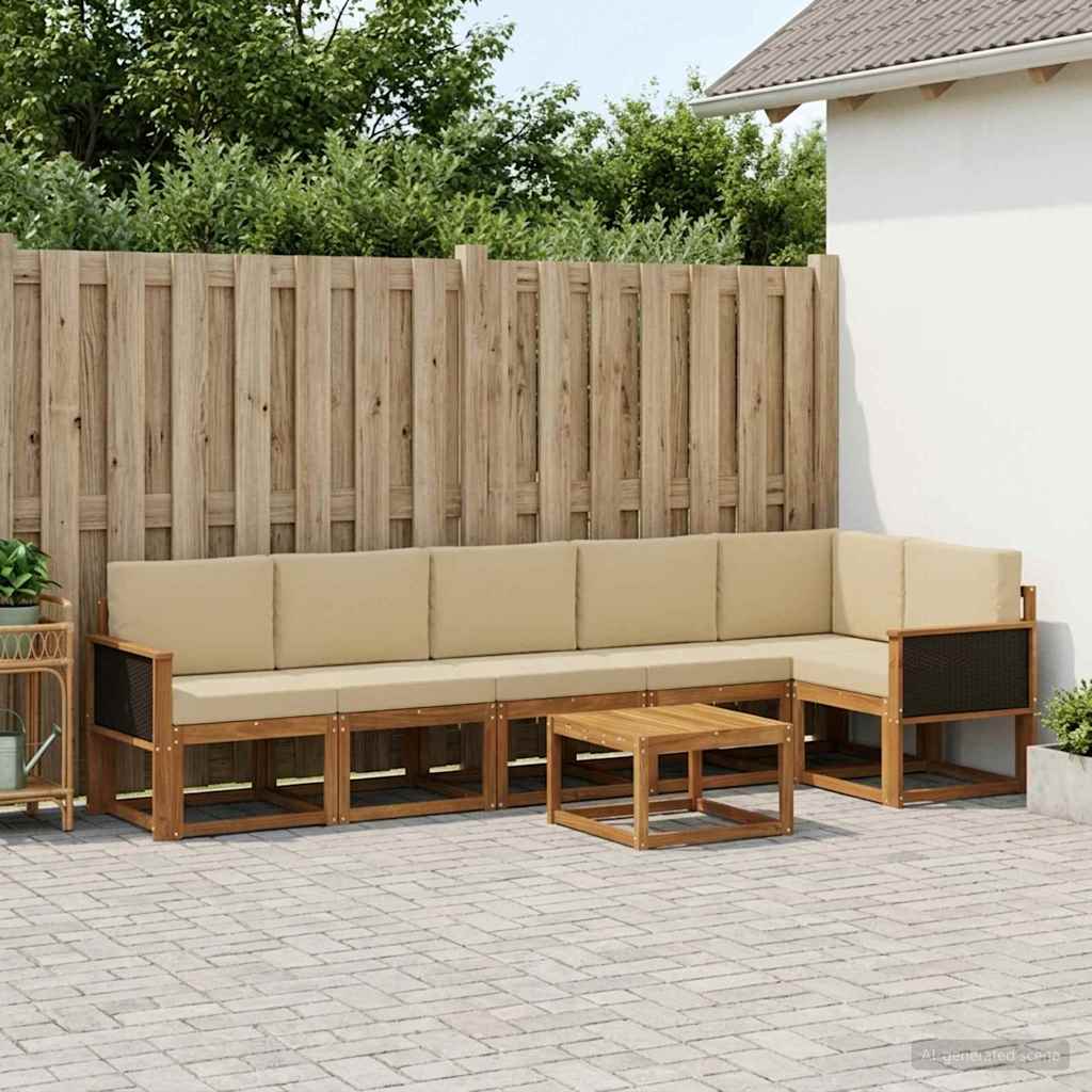 Udendørs sofagruppe i akacietræ med puder, 7 dele - naturlig/beige polyester