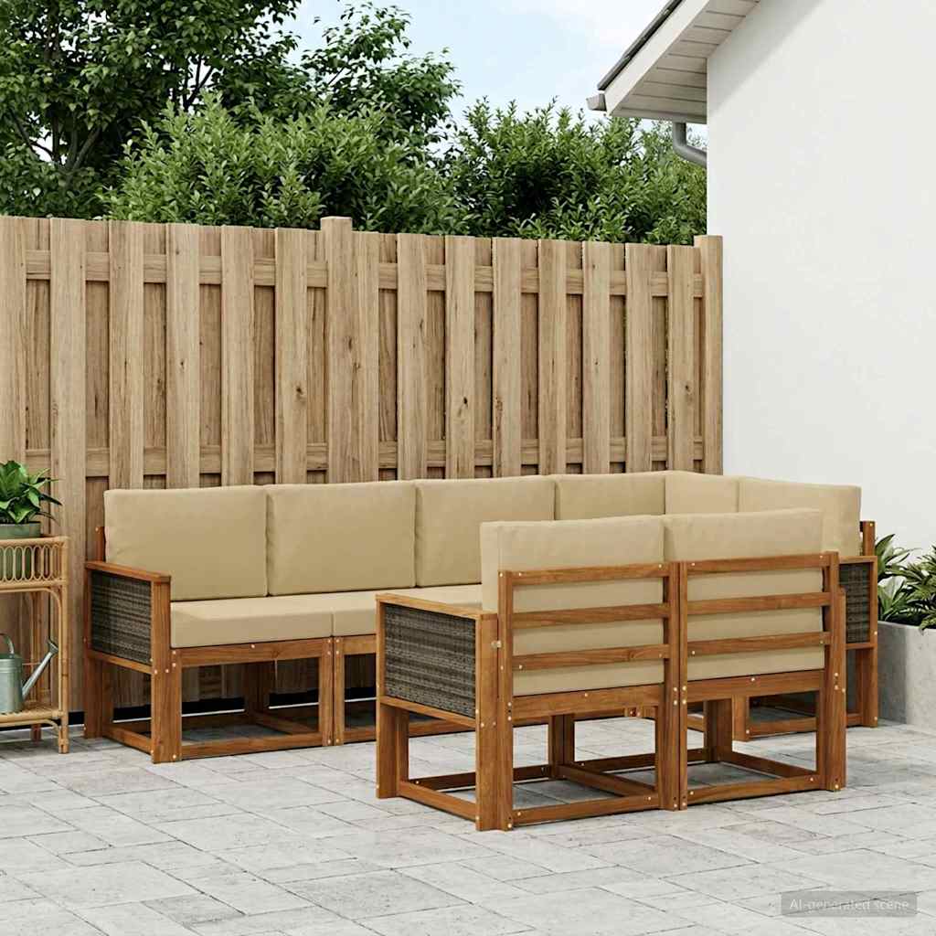 Udendørs sofagruppe i akacietræ med puder, 7 dele - naturlig/beige polyester