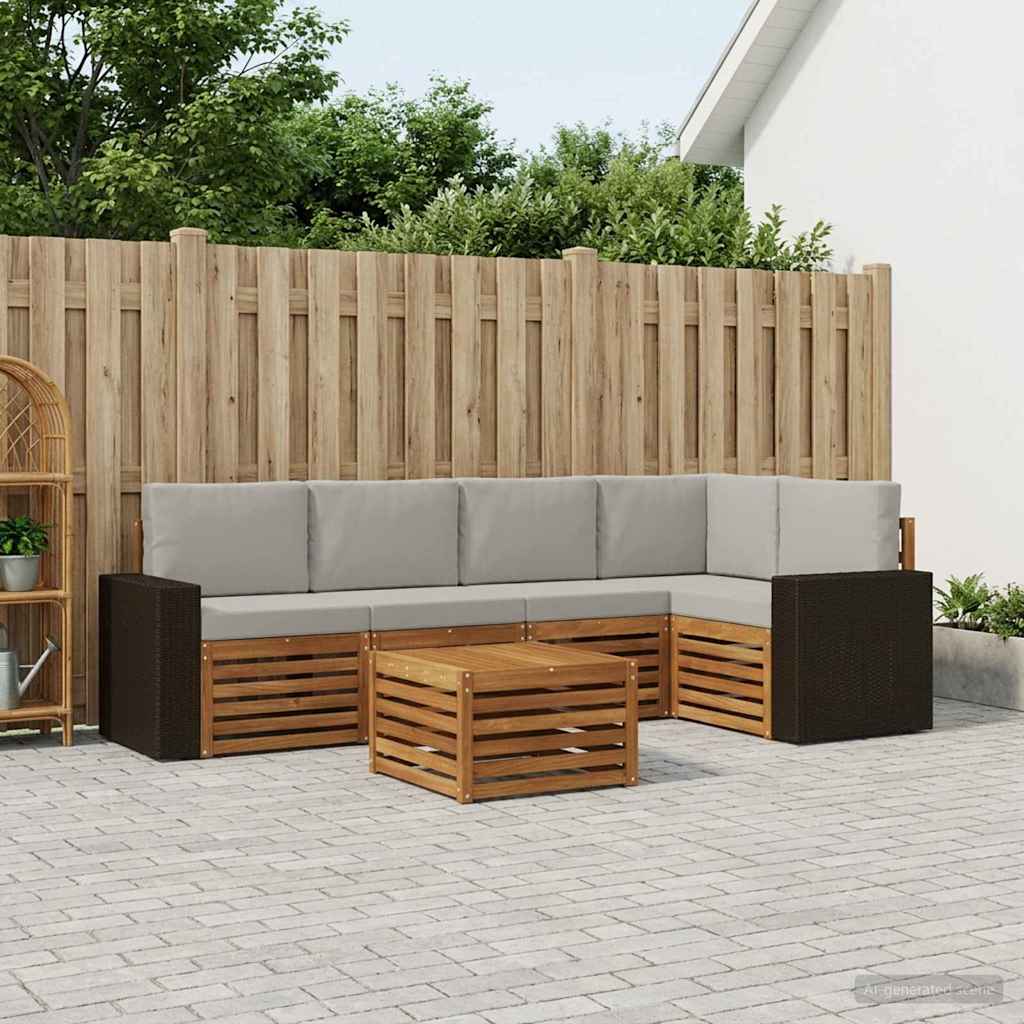 Sektionalsofa sæt til terrasse - natur/lysegrå, 6 dele i massivt akacietræ