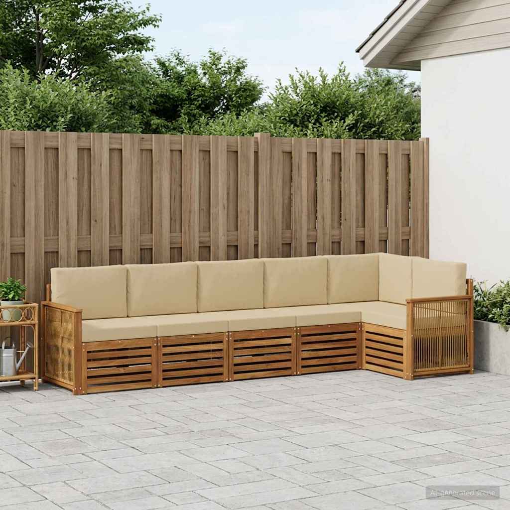 Sektionalsofa sæt til terrasse - 5 dele i naturfarvet akacietræ med beige polyesterhynder