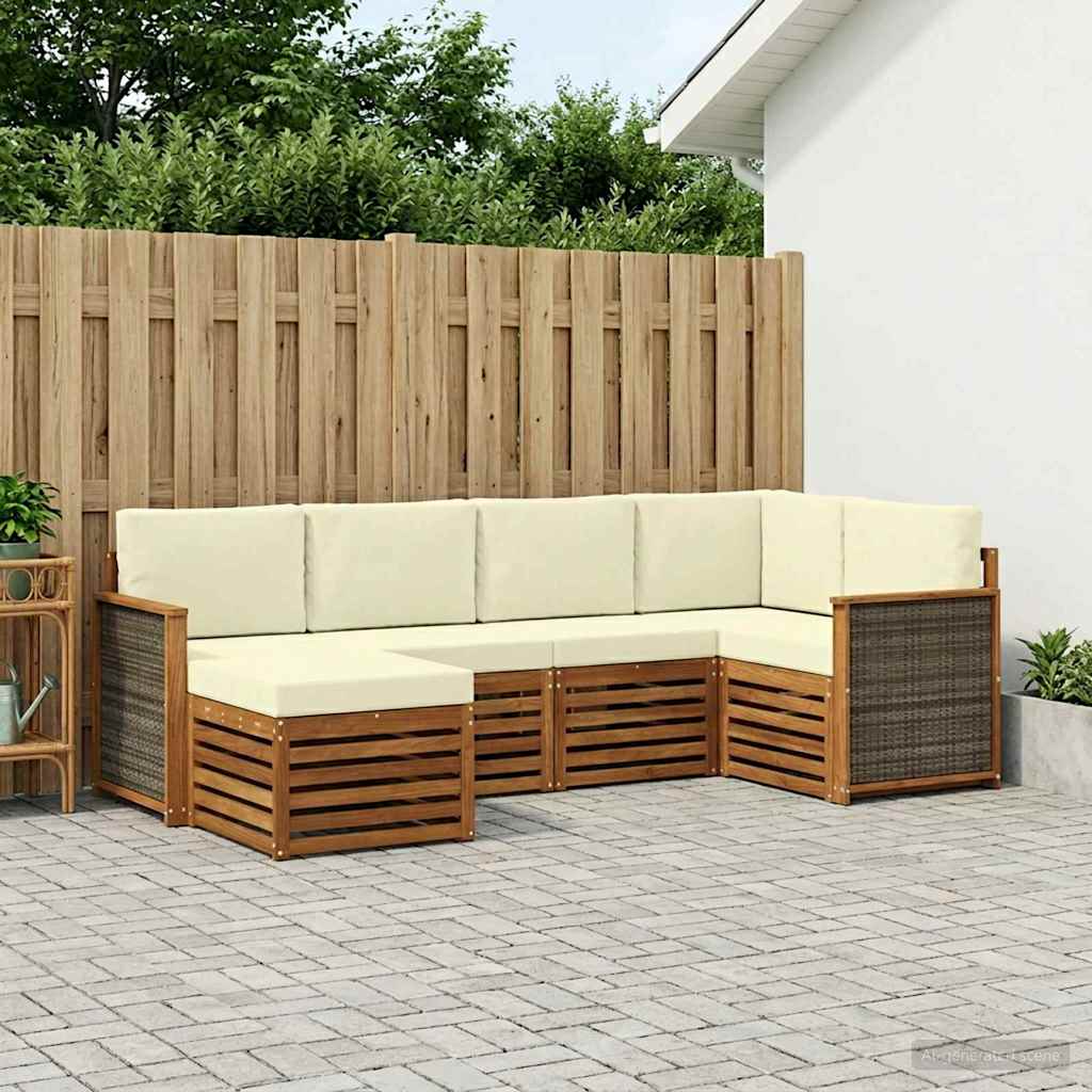 Sektionalsofa sæt til terrasse med puder, 5 dele - naturlig træ og fløde