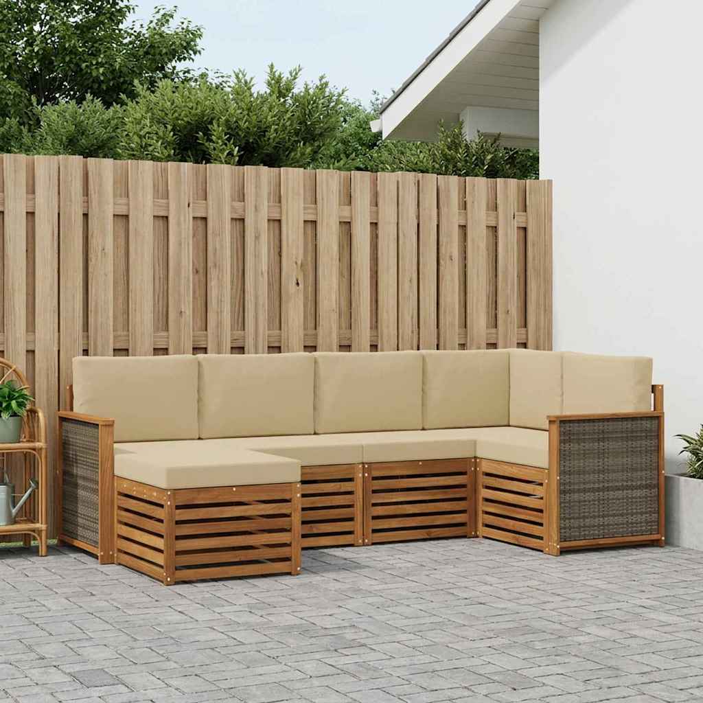 Sektionalsofa sæt til terrasse - 5 dele i naturfarvet akacietræ med polyesterhynder