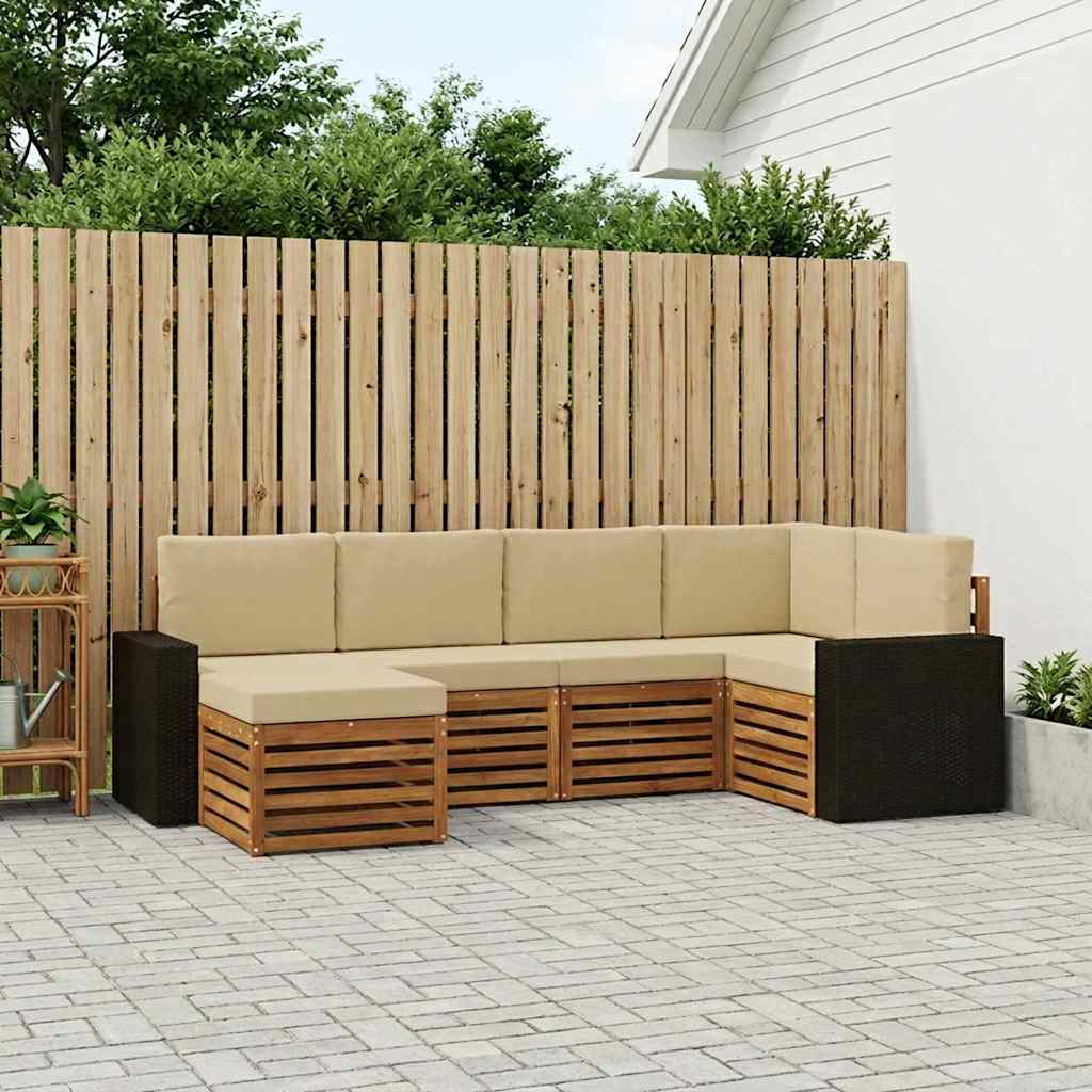 Sektionalsofa sæt i akacietræ med puder - 6 dele, naturlig/beige
