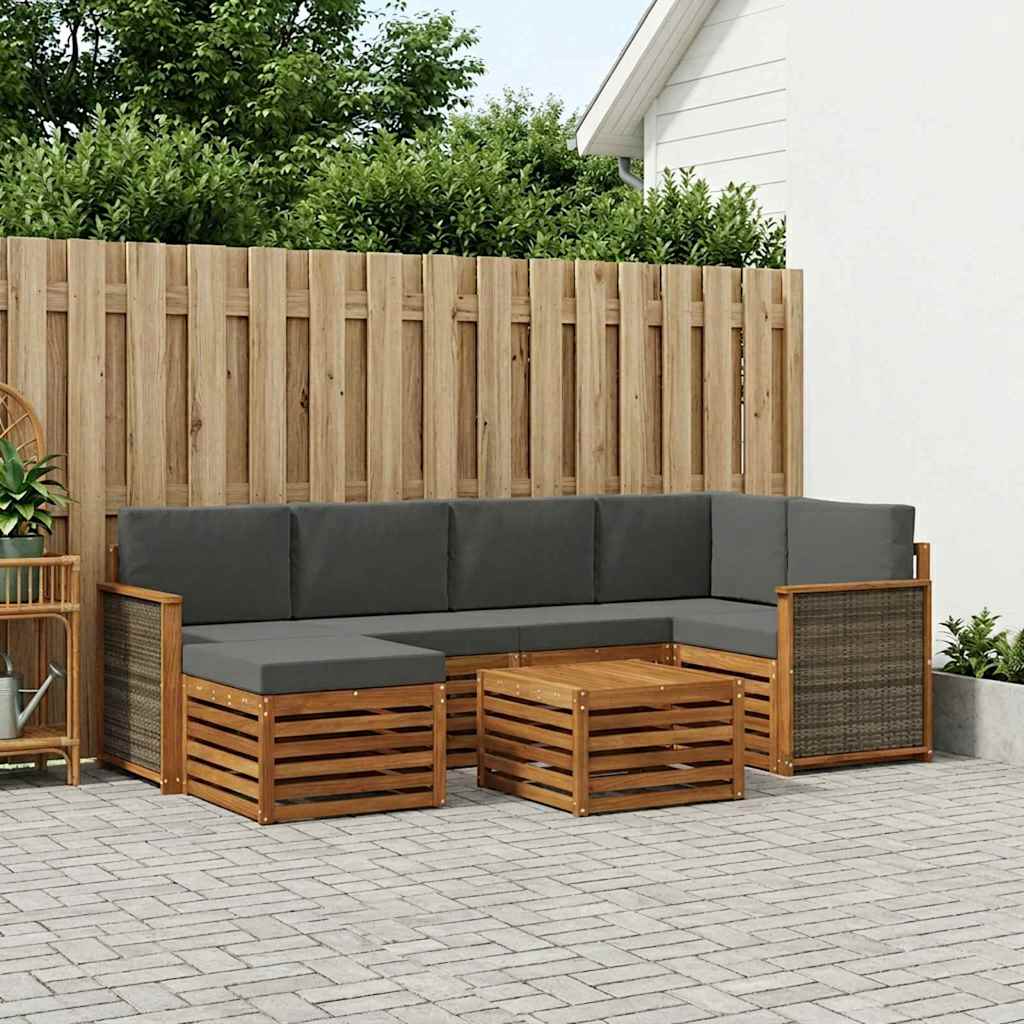 Sektionalsofa sæt til terrasse i akacietræ med puder - naturlig/antracit, 6 dele