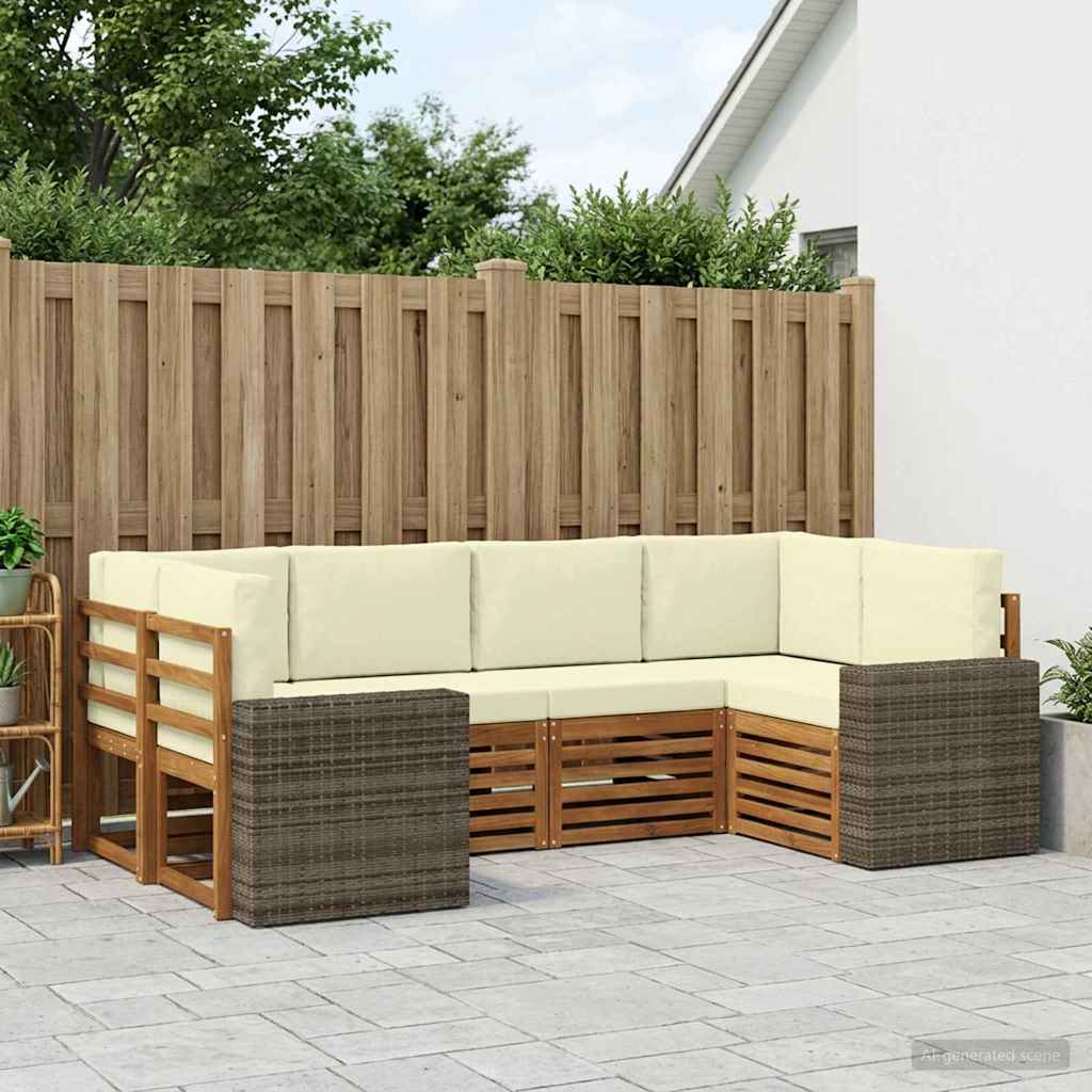 Sektionalsofa sæt til terrasse - 6 dele i naturlig træ og fløde polyester