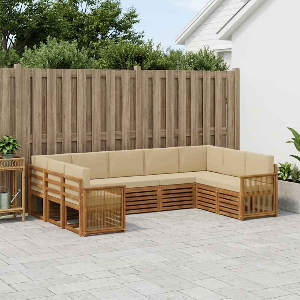 Sektionalsofa sæt 7 stk - naturfarvet akacietræ med beige polyesterpuder