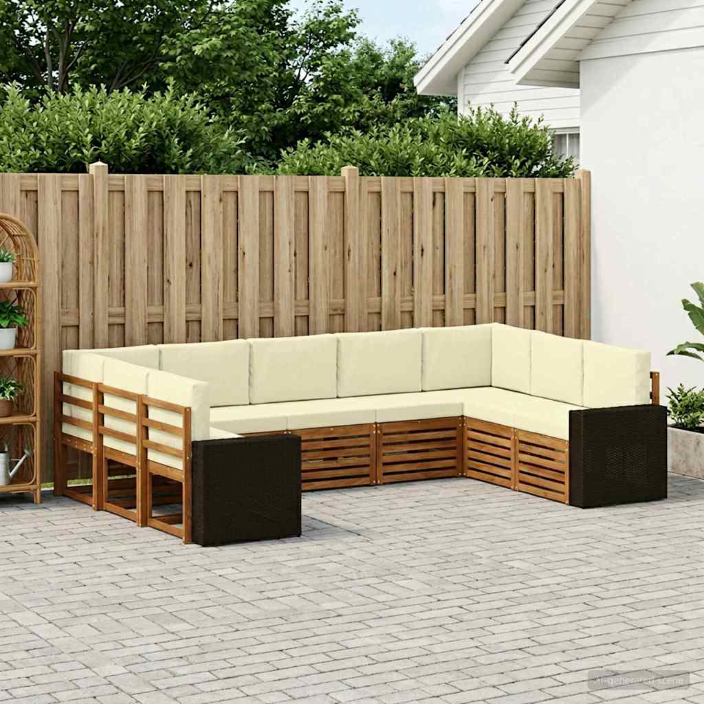 Sektionalsofa sæt til terrasse - 9 dele i massivt akacietræ, naturlig/fløde polyester