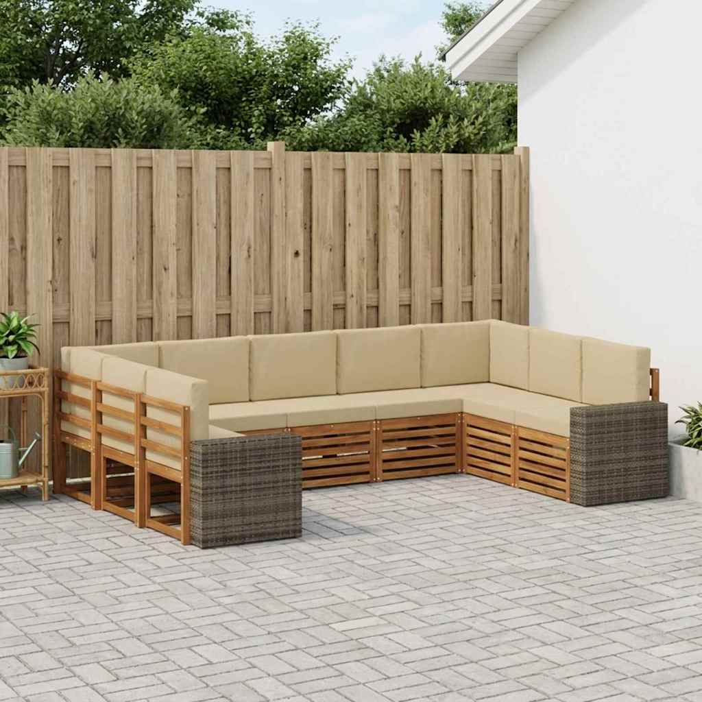 Sektionalsofa sæt til terrasse - 9 dele i naturlig træ og beige polyester