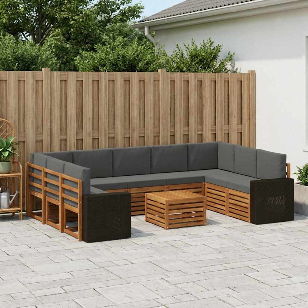Sofasæt til terrasse - 10 dele i massivt akacietræ, naturlig/antracit