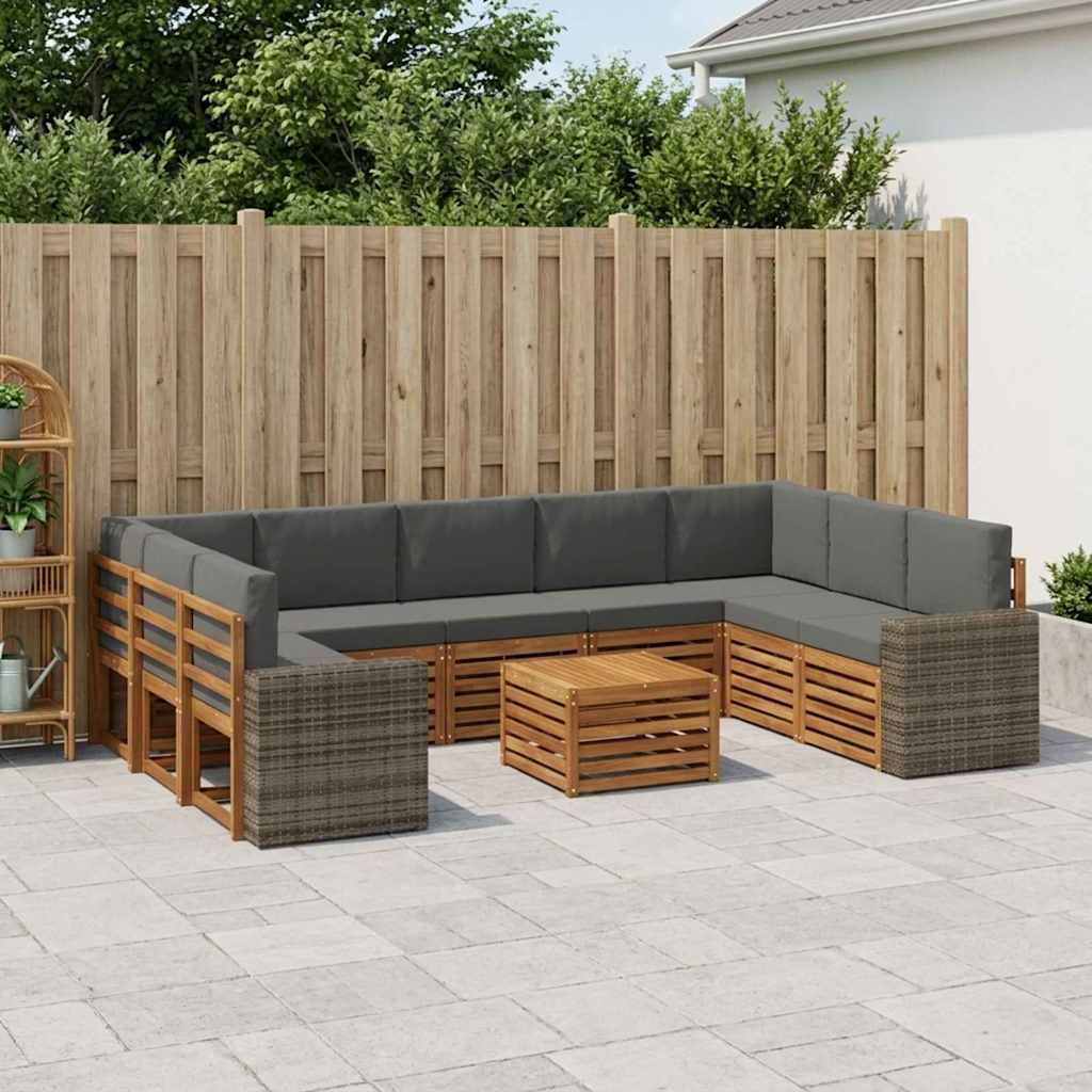 Sofasæt til terrasse med puder, 10 dele - naturlig/antracit i massivt akacietræ