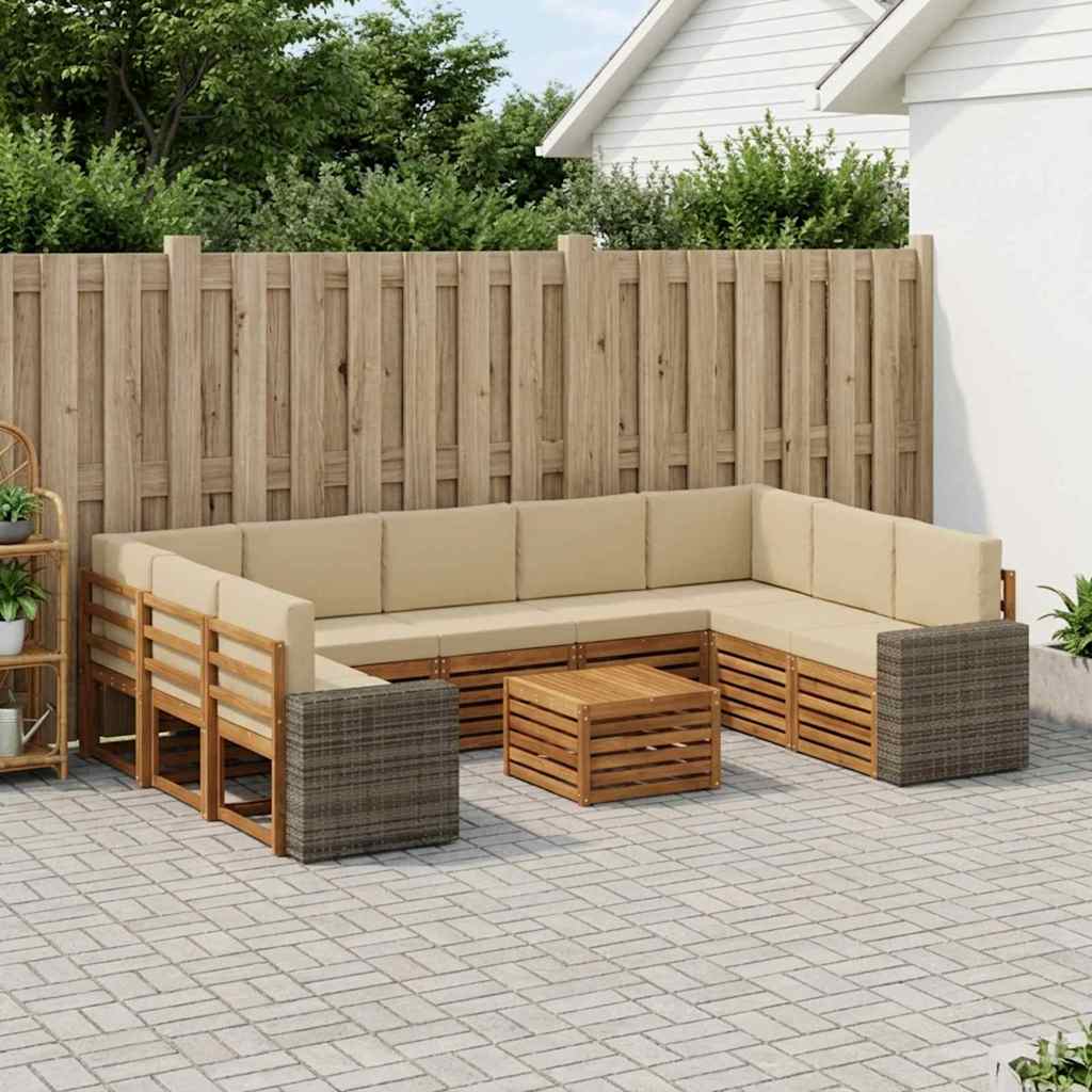 Sofasæt til terrasse - 10 dele i massivt akacietræ, naturlig/beige
