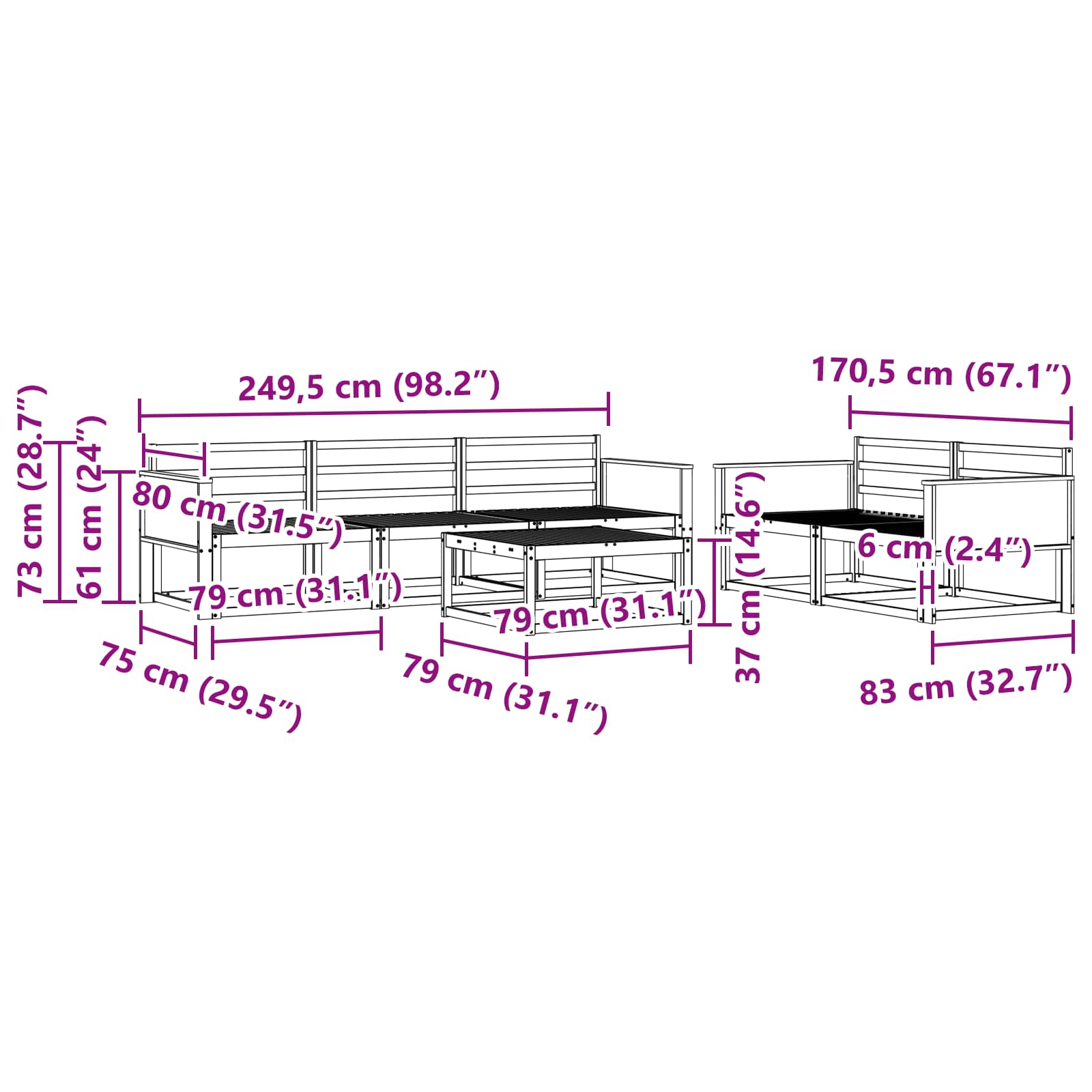 Buiten bankenset 6 pcs Naturel Massief Acaciahout image 7