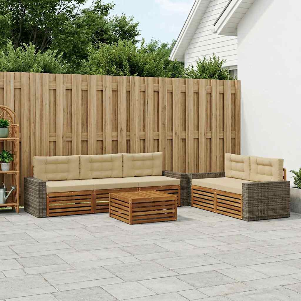 Udendørs sofagruppe i akacietræ - 6 dele, naturlig/beige, modulært loungesæt
