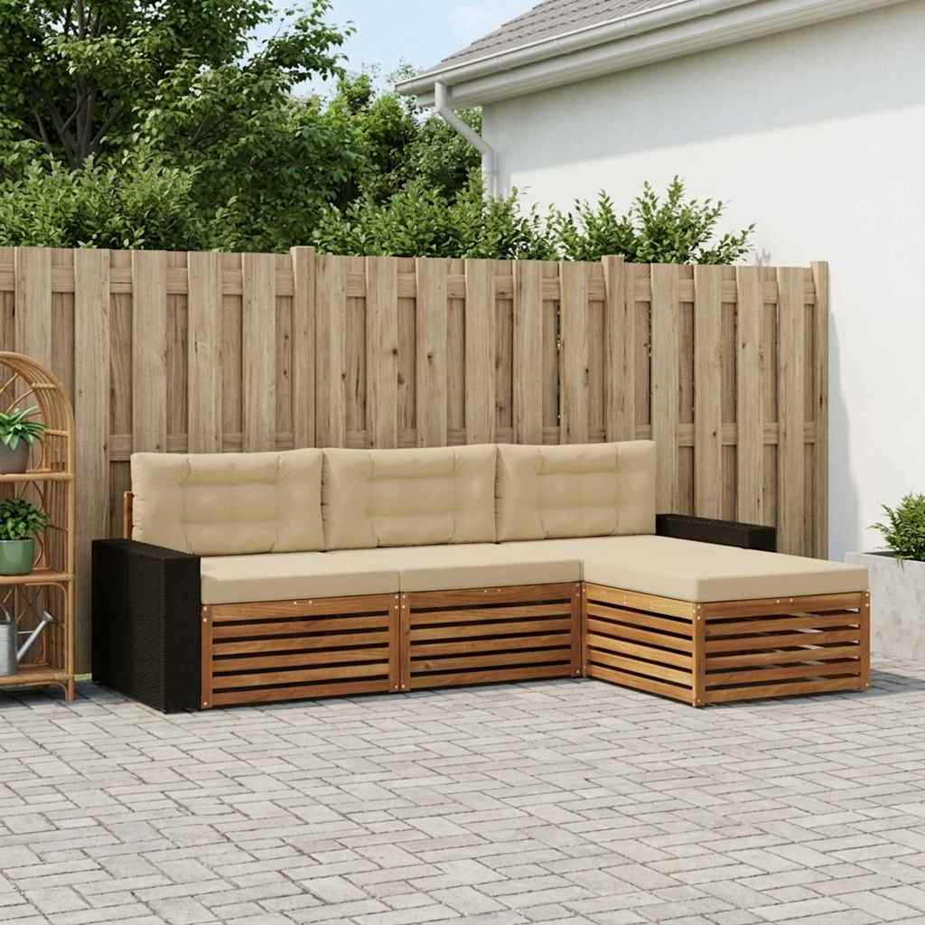 Udendørs sofagruppe i akacietræ med puder - naturlig/beige, 4-delt modulsofa