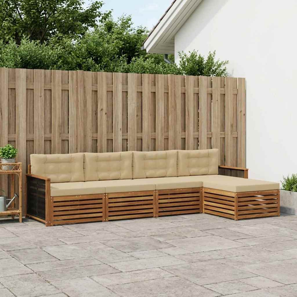 Udendørs sofagruppe i massivt akacietræ med puder - 5 dele, naturlig/beige