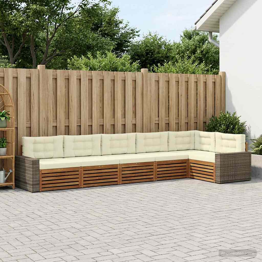 Udendørs sofagruppe - 6-pers. modulsofa i massivt akacietræ, naturlig/fløde, 402 × 172,5 × 73 cm